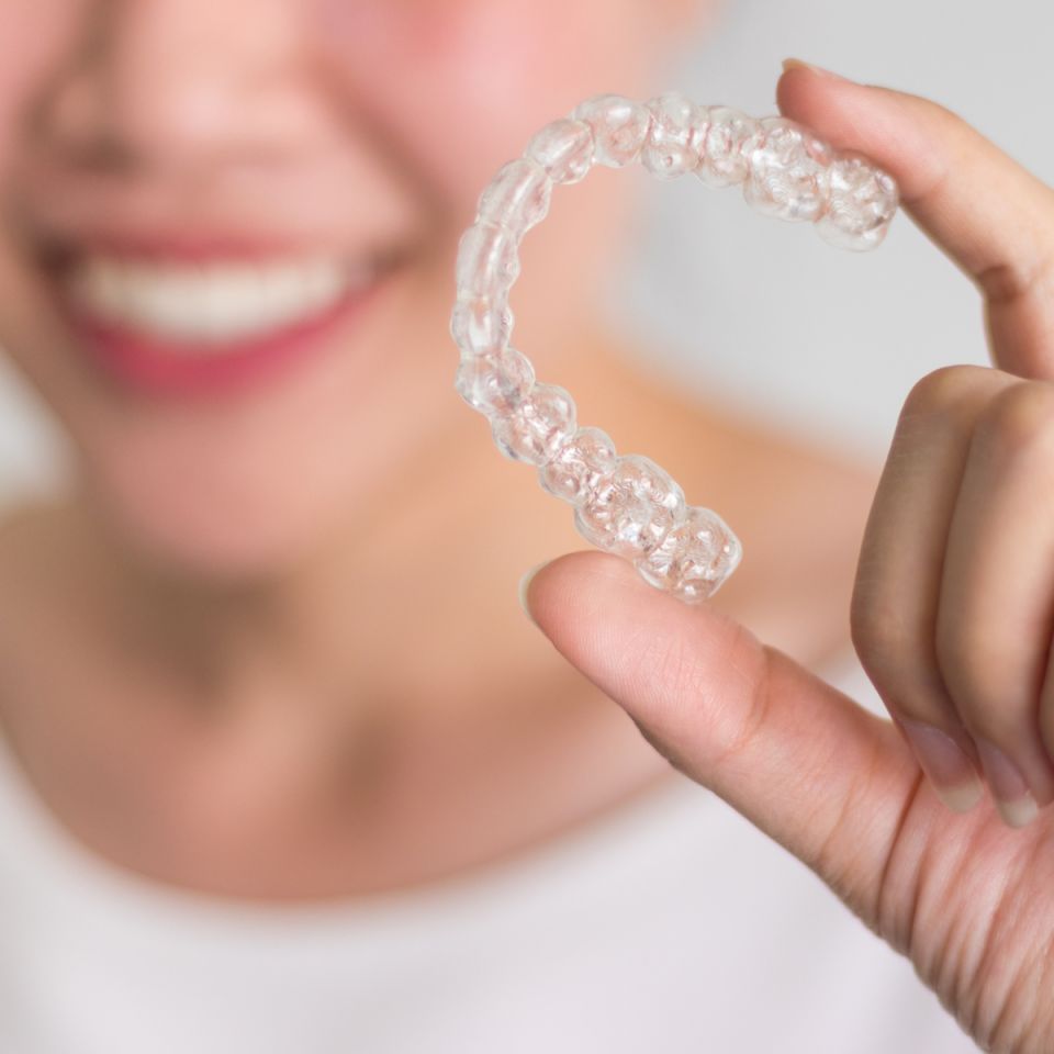 A smiling patient holds a Houston Invisalign retainer